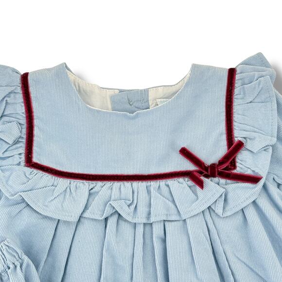 Edgehill Collection Blue Corduroy Dress Set Baby Girl Sz 12M Velvety Bow Bloomer - Picture 2 of 6